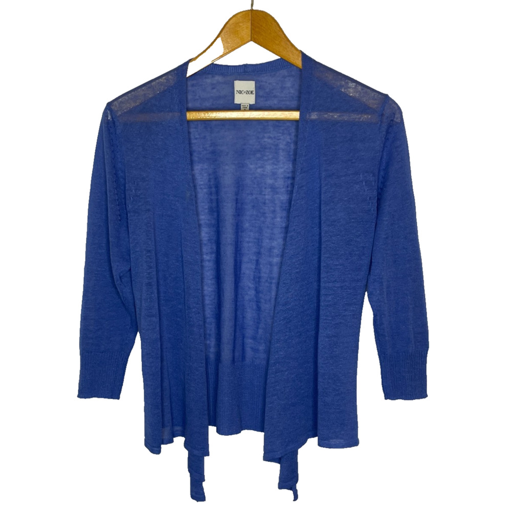 Women's Small Nic & Zoe Blue Linen Blend Cropped Cardigan Lightweight